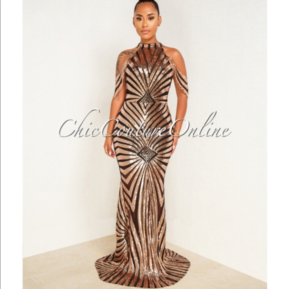 Black and Rose gold sequin formal gown